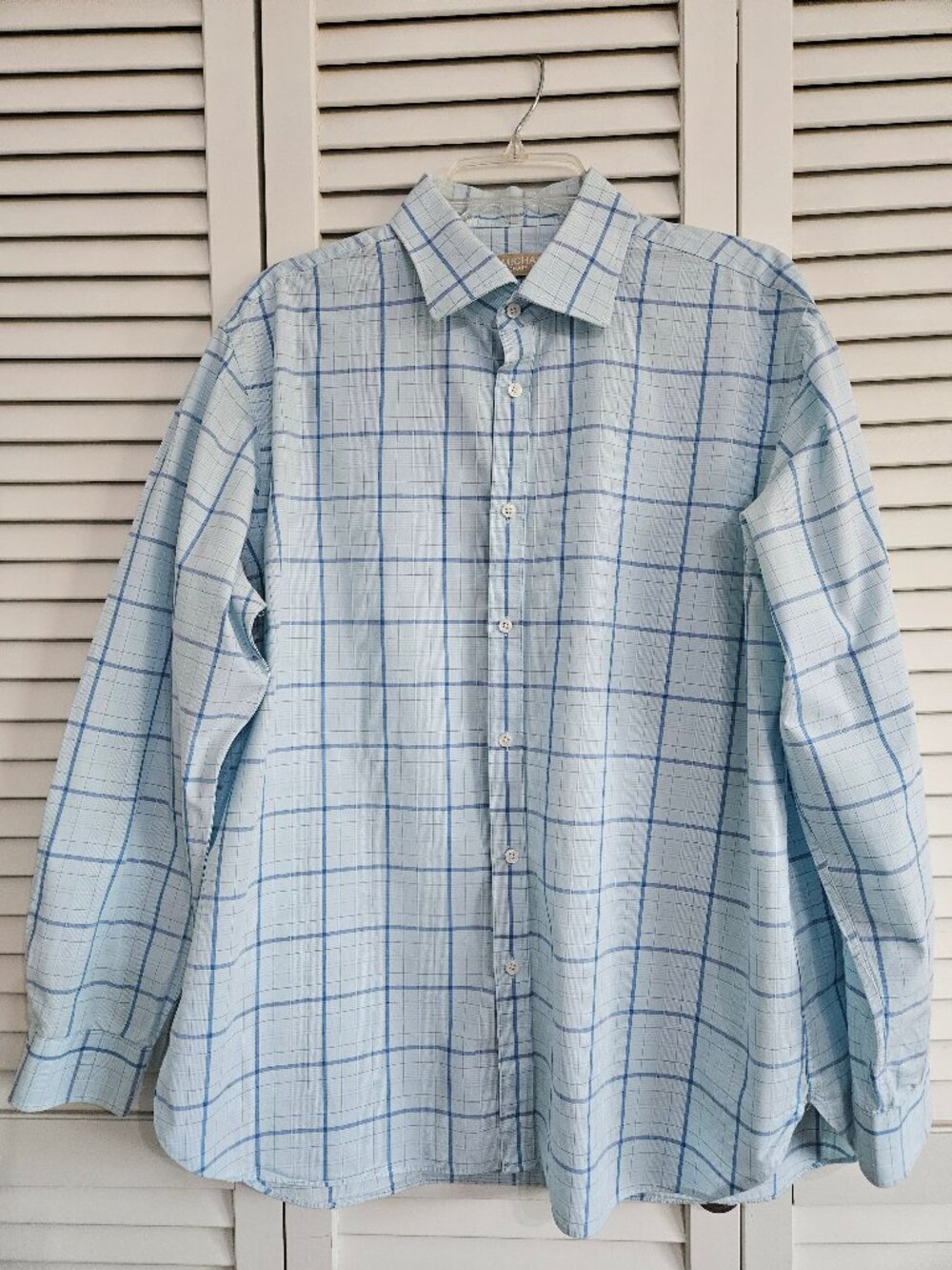Michael Kors Slim Fit Shirt Mens XL Button Front Blue /Gray Plaid Long Sleeve